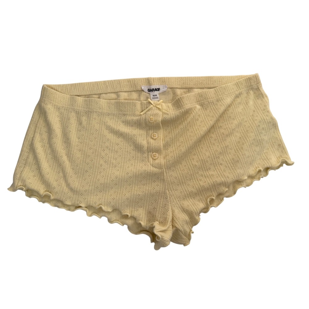 Garage Butter Yellow Pointelle Knit Lounge Shorts Lettuce Hem Bow Med Coquette